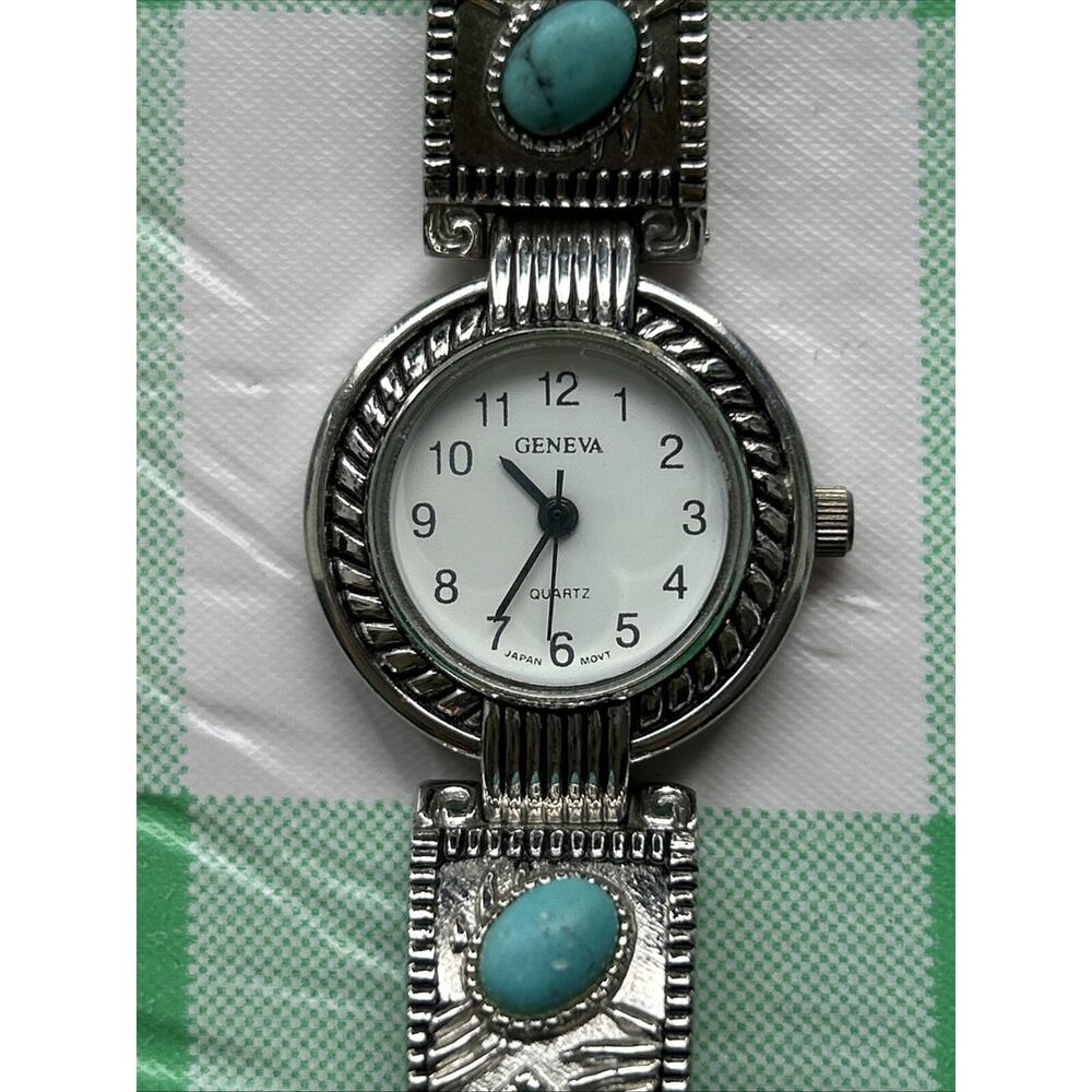 Geneva Silver Tone Red And Blue Stone Women’s Quartz Watch